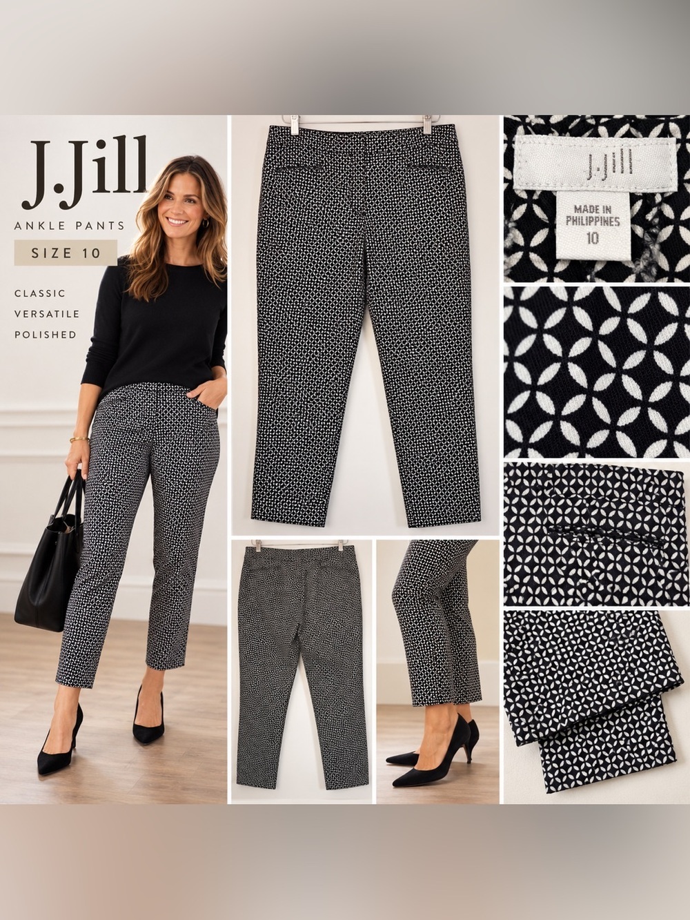 J.Jill black and white geometric print ankle pants, size 10